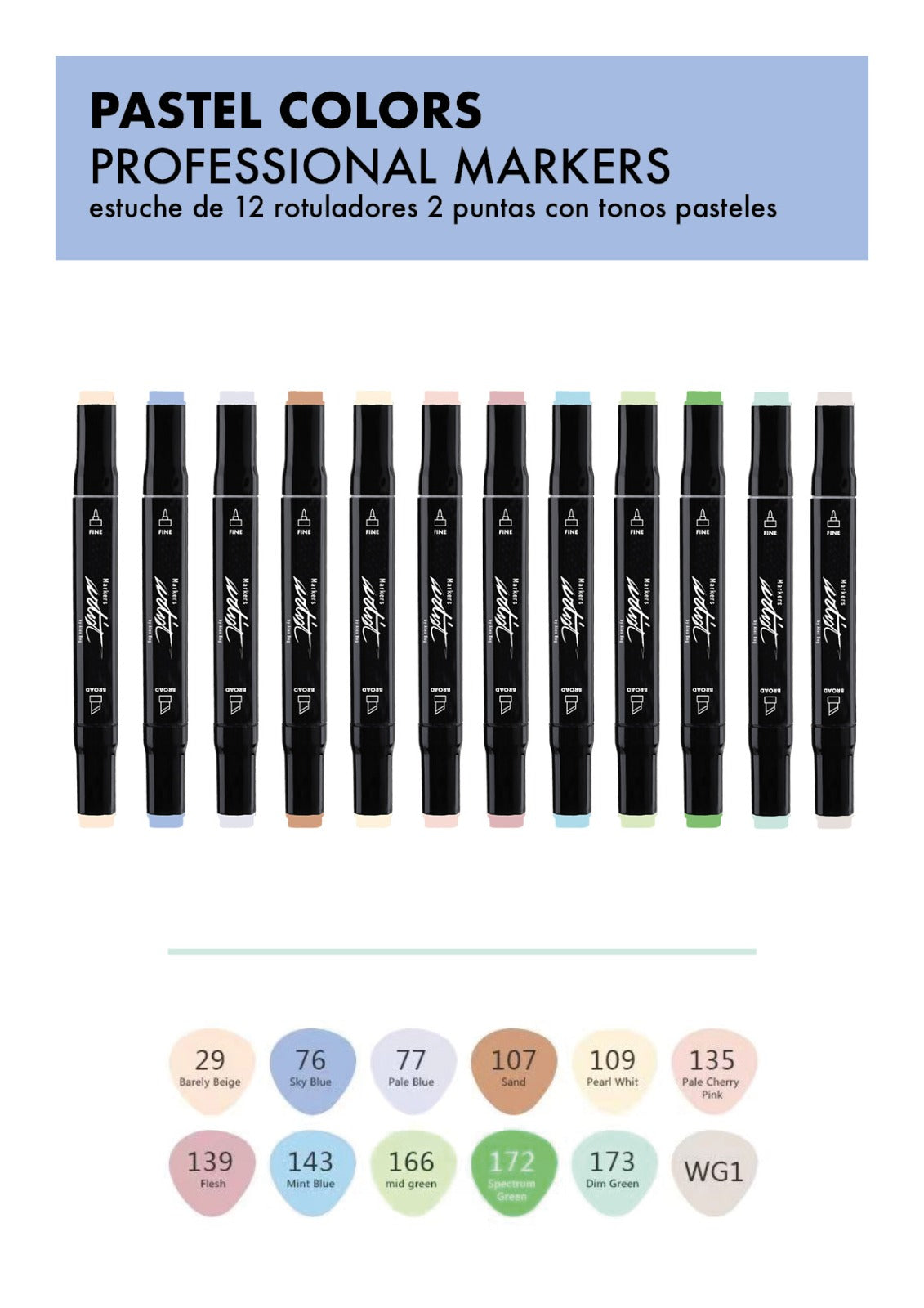 ESTUCHE PROFESSIONAL MARKERS 12 COLORES PASTEL